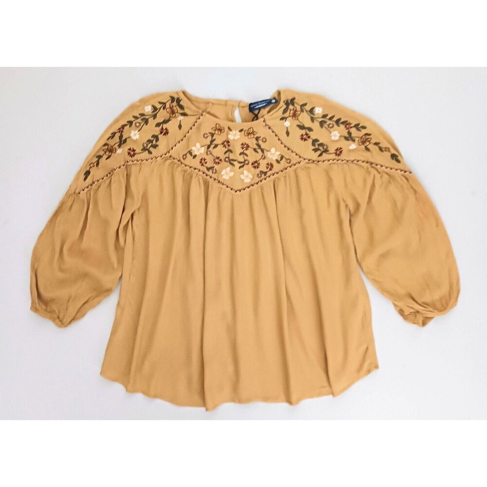 NWT Serene Bohemian Embroidered Peasant Top Golden Yellow Full Sleeve Sz L